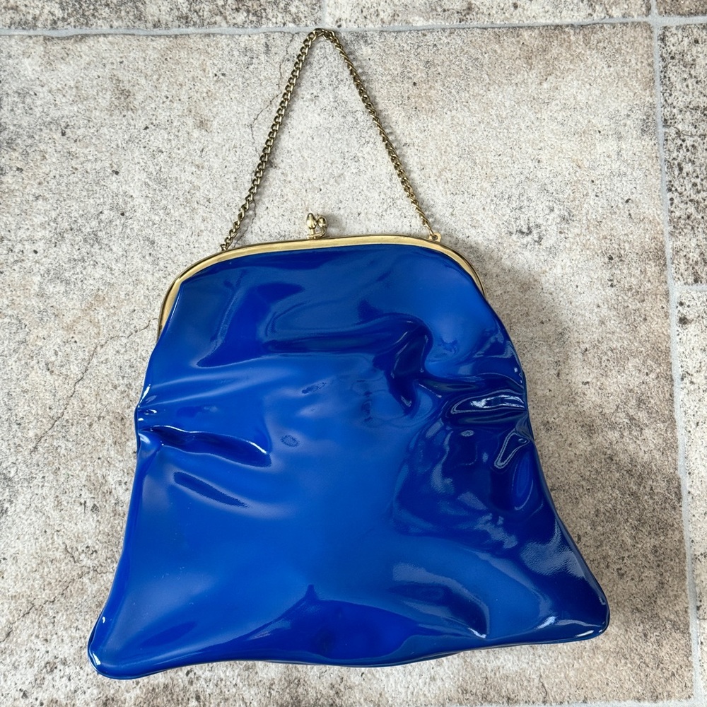 Vintage 1960s Blue Vinyl Clutch Purse with Gold Frame & Striped Lining